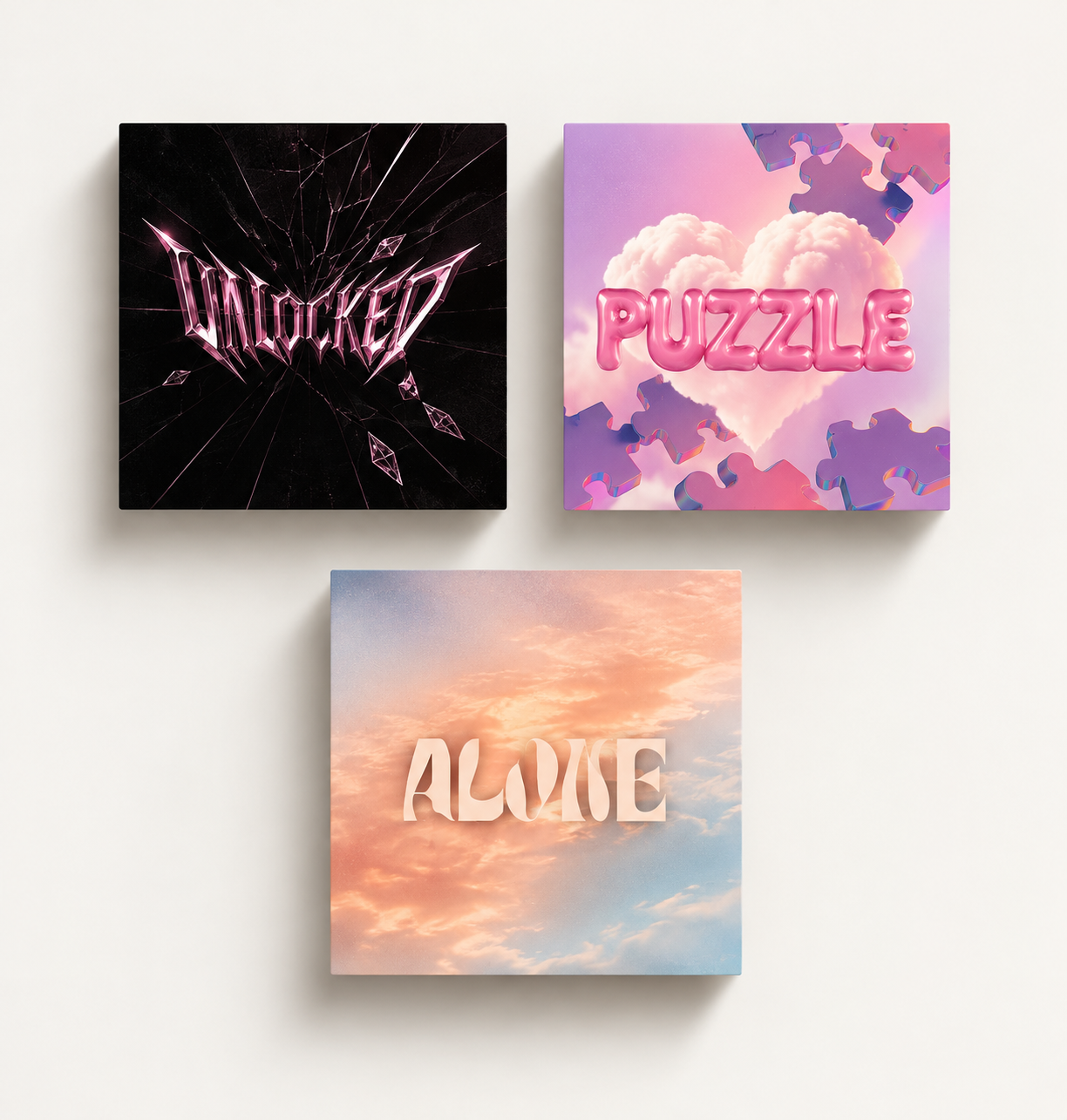Three original digital album cover designs displayed in a minimalist gallery