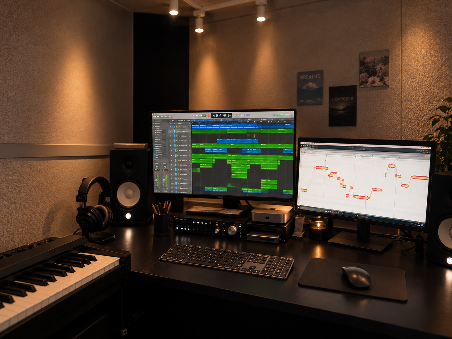 Professional studio production workspace with vocal pitch editing software