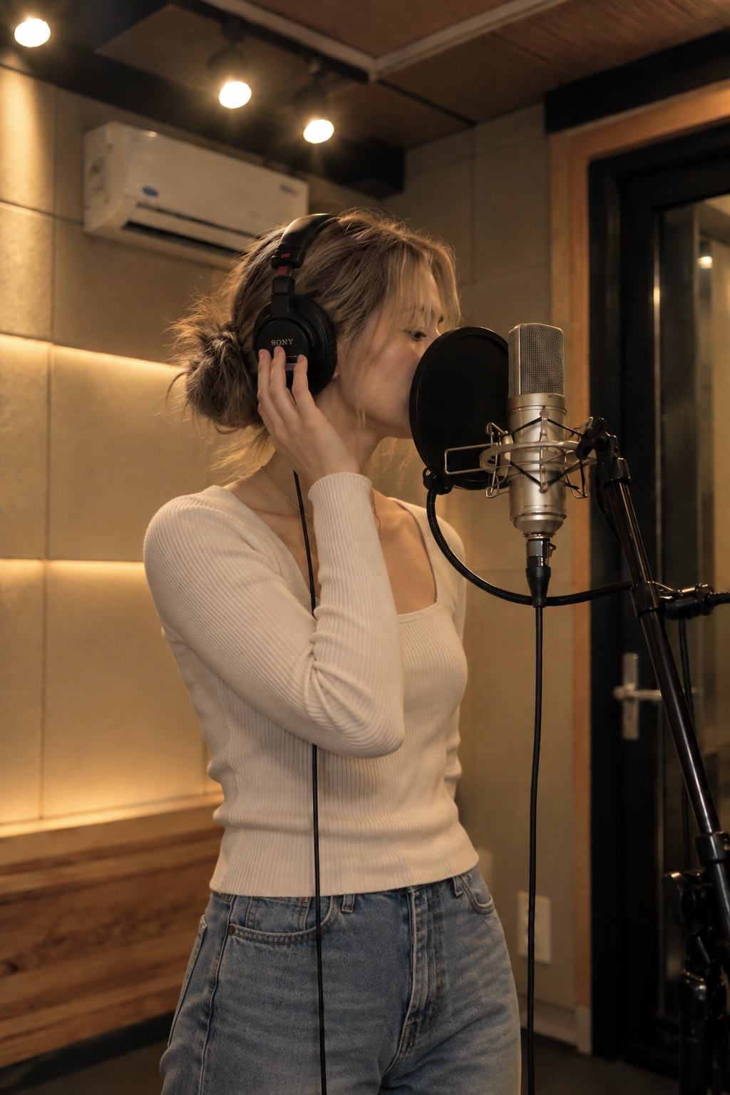 Guest recording vocals with a producer in the control room